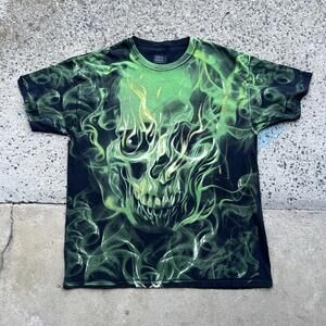 Social Media Shirt XL Black Green AOP Smoke Skull Y2k Grunge Punk
